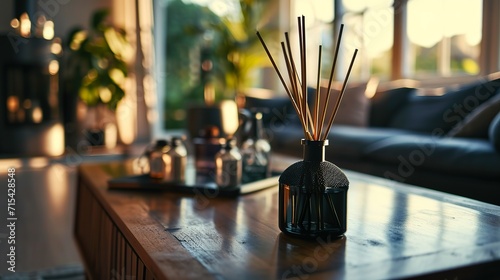 In the living room, a table with reed diffusers