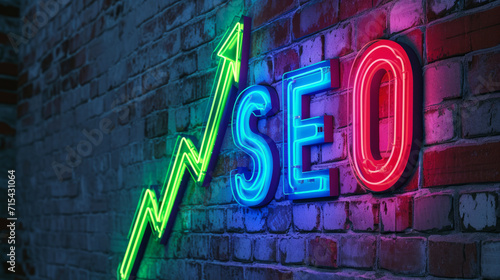 SEO colorful neon sign with upward green arrow on a brick wall, concept of growth in search engine optimization and online marketing success, ranking improvement.