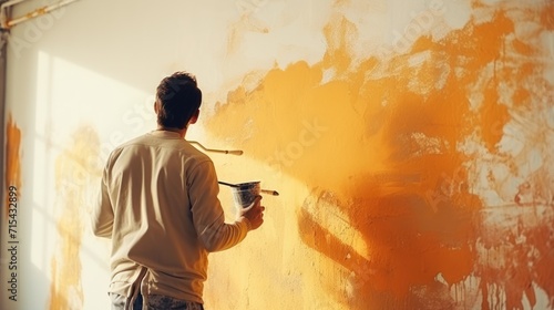  a man is painting a wall with a paint roller and a paint can in front of a wall with orange paint.