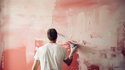  a man in a white shirt painting a wall with a paint roller and a paint roller in one hand and a paint roller in the other hand and a paint roller in the other hand.