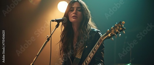 a female on stage with the guitar in her hand.