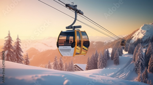 New modern spacious big cabin ski lift gondola against snowcapped forest tree and mountain peaks covered in snow landscape