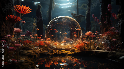 Mystical crystal, soap ball among orange flowers in a dark, enchanted forest.