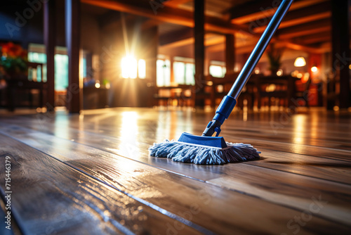 A close-up of a floor mop washes a wet floor with puddles in the rays of the sun.