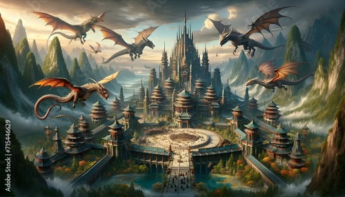 fantasy landscape with dragon city and pagodas wallpaper mural