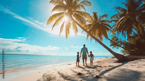 ojciec z synem i córką zrelaksować się na wakacjach na plaży, panorama