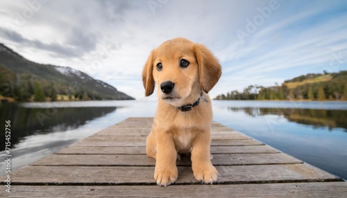 golden puppy with a black nose and floppy ears sitting on a wooden dock looking off to the side with a curious expression