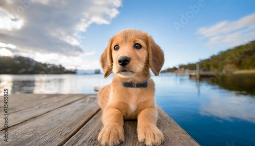 golden puppy with a black nose and floppy ears sitting on a wooden dock looking off to the side with a curious expression