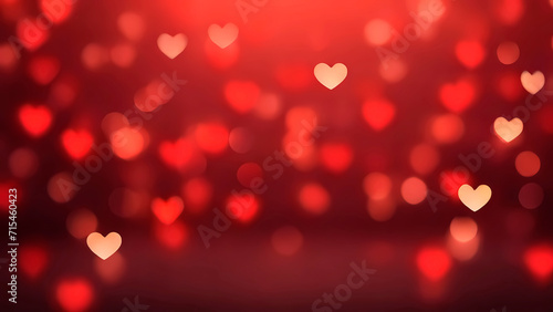 Hearts bokeh light on blurred red background. Festive abstract romantic design. Valentine's day backdrop, love concept