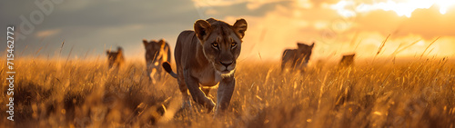 Lions standing in the savanna with setting sun shining. Group of wild animals in nature. Horizontal, banner.