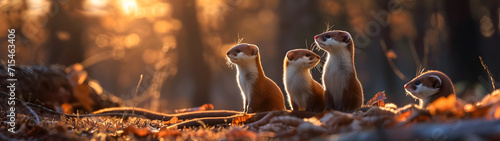Weasel family in the forest with setting sun shining. Group of wild animals in nature. Horizontal, banner.