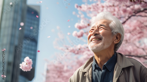 Modern happy elderly smiling man against the backdrop of pink cherry blossoms and metropolis city.