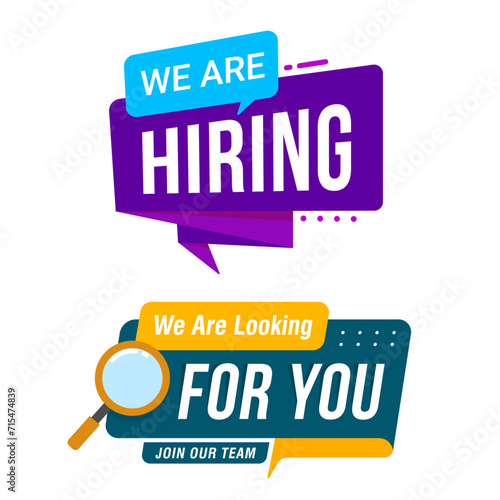Join our team banners. We are hiring communication poster, help wanted advertising banner with speaker and vacant badge. Hr recruiting hire, vacancy job offer isolated vector signs set