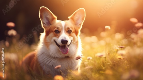 Funny and crazy welsh corgi. Corgi dog on blurred summer background