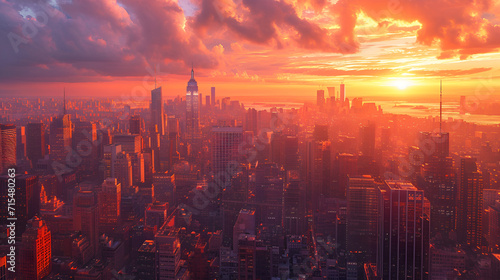 An expansive and detailed view of a bustling city skyline at sunset, rich orange and pink hues in the sky, generative ai