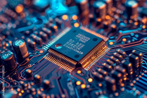 close-up view of a circuit board with a prominent microchip at the center
