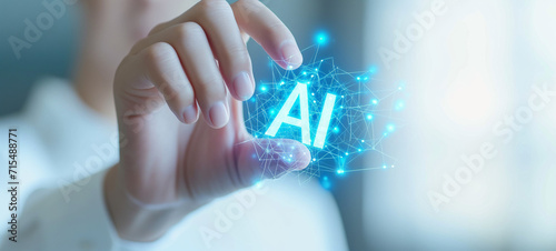 Person's hands holding "AI" element, showcasing a successful intelligent technology concept, emphasizing strategy, 