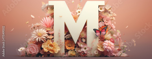 capital letter M Spring card with floral decoration, flowers, blue background, logo