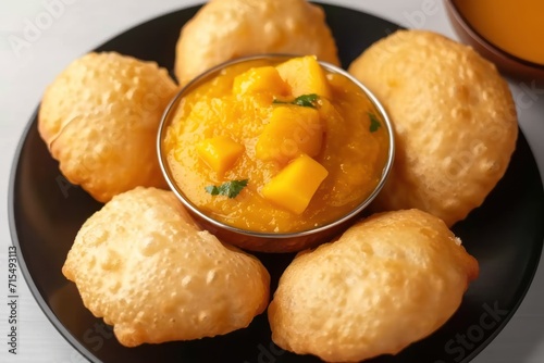 Delicious mango pulp with puri on a plate, gudi padwa sweets and cuisine concept