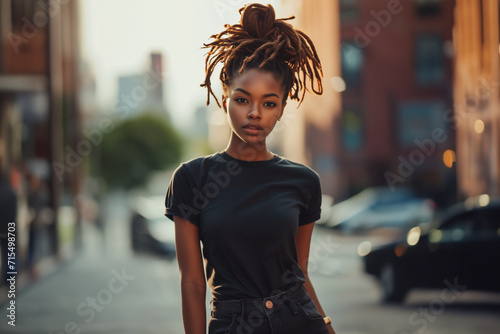 African American female model with dreadlocks - black t-shirt mockup - blurred city background - fashion posture