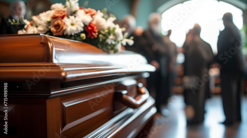 Photo of a closed coffin at a funeral service