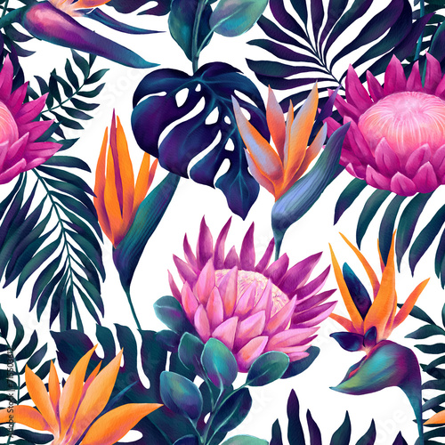 Tropical seamless pattern of watercolor vibrant protea and strelitzia flowers and deep blue palm leaves