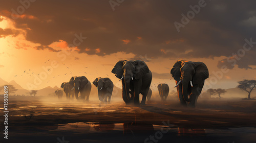 Elephant Gathering. A small group of elephants gather at a waterhole on a summer's day under threatening skies.