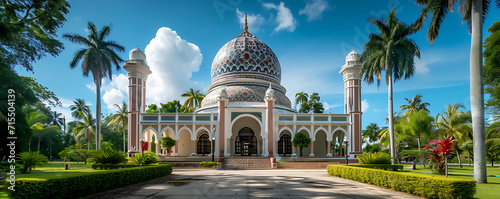  An ornate mosque dome sits amid greenery, with visitors under sunny skies, evoking peace.