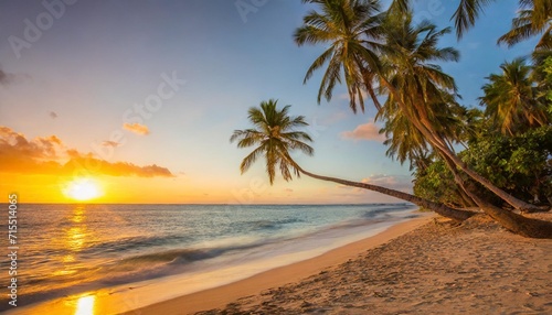 palm trees on sandy island close to ocean beautiful bright sunset on tropical paradise beach relaxing coastal landscape exotic scene closeup sea waves evening colorful sky peaceful seascape