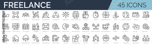 Set of 45 outline icons related to freelance. Linear icon collection. Editable stroke. Vector illustration