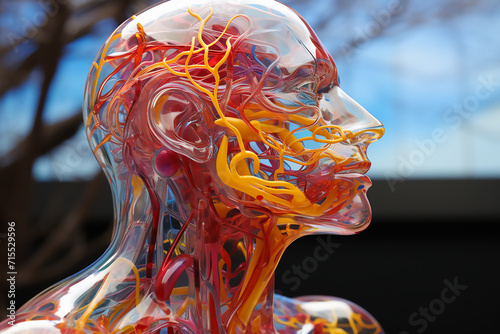 Blue skull on fun blue studio background. Graphic ,design ,modern ,playful. Brain, arteries, nerves, lymph nodes. Human anatomy. 3D illustration.