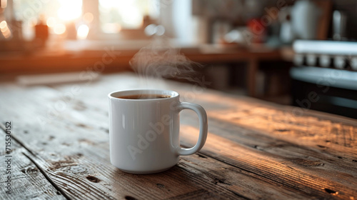 A minimalist coffee mug on a rustic wooden table, with steam rising from the freshly brewed coffee.