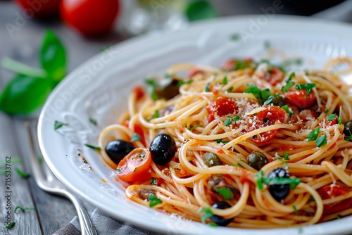 Spaghetti allay puttanesca - Italian pasta dish with tomatoes, black olives, capers, anchovies and basil.