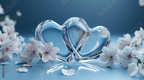 two glass hearts with white flowers blue background
