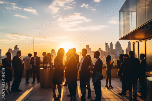 Elegant Evening Networking Event on Rooftop Terrace with City Skyline at Sunset, Corporate Social Gathering Concept