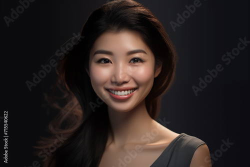 Asian woman smiling. Buissenes woman. Asian country. China. Japan. AI.