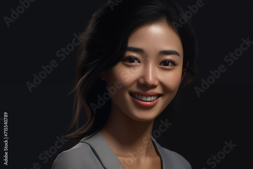 Asian woman smiling. Buissenes woman. Asian country. China. Japan. AI.