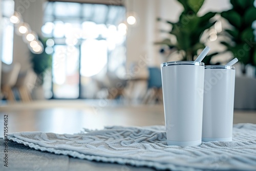 Closeup of 2 white color 30oz extra tall tumblers product mockup on a towel