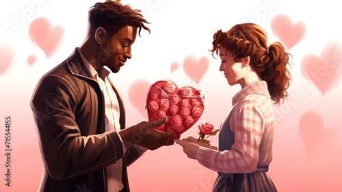 An African-American boy in love gives a European girl flowers and a box of heart-shaped sweets for Valentine's Day