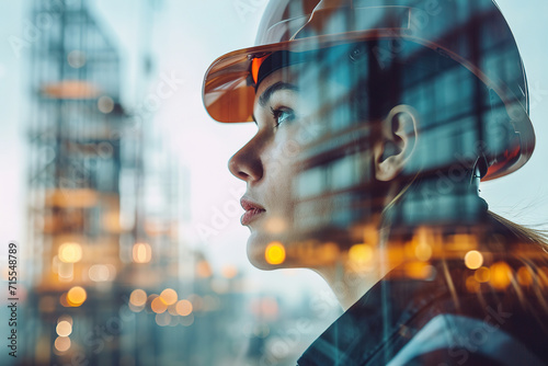 wallpaper of a Close up, female Construction engineering concept, represented by a double exposure of building engineers, architects, or construction workers at work