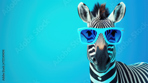 cool zebra wearing sunglasses on a vibrant blue background. stylish and funky wildlife image perfect for modern decor