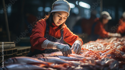 Group of seafood processing staff working with fresh sardines in plant