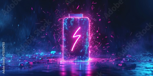 Lithium Ion Battery With A Lightning Bolt Icon , Fireworks Illuminated With Neon Indigo Light Battery Shape On Dark Battery Shape