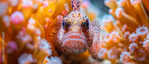 A colorful coral reef comes to life as a marine biologist captures the surprised expression of a curious underwater organism, a fish