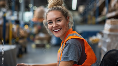 Happy laughing blonde woman with a hair bun wearing a vest with reflective stripe in light warehouse worker sitting at desk with her laptop smiling at camera with toothy smile at logistic centre
