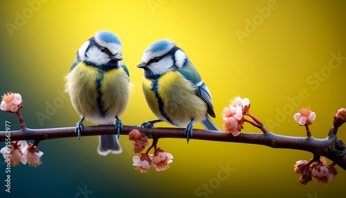 Title blue tits on cherry tree branch in spring garden, nature background with little birds