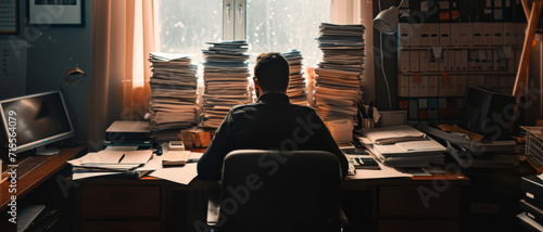 In the soft glow of sunrise, a figure is silhouetted against towering stacks of paperwork, encapsulating the essence of unwavering dedication
