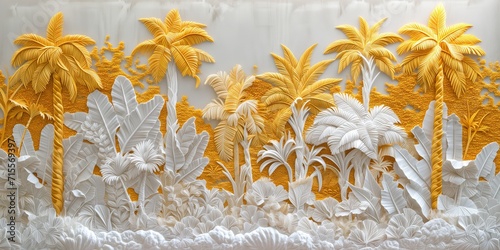 Golden Jungle Embroidery: Luxurious White and Gold Thread Tropical Pattern