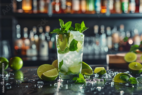 Mojito cocktail and ingredients with bar background