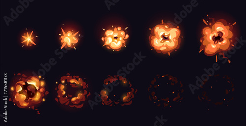Explosion cartoon animation. Smoke and fire animation frame by frame, comic game asset of bomb blast effect. Vector game sprite of dynamite explosion